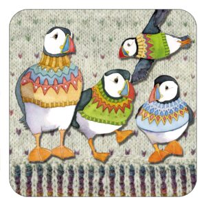 Four Woolly Puffins Single Coaster-0